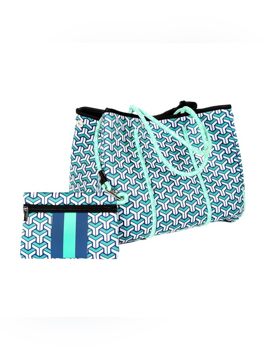 Handbags - NAVY AND GREEN STRIPED NEOPRENE TOTE